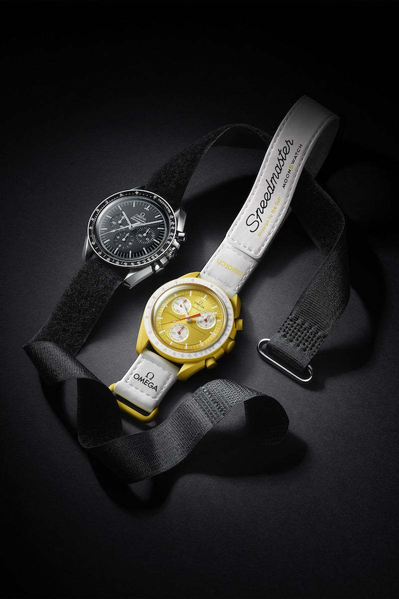 Omega Premium Quality extremely rare, and highly attractive prototype stainless steel With White Color Spacesuit-ready Velcro Strap Yellow Color Dial Chronograph Moon Wristwatch- MISSION TO SUN OG-Y-1030