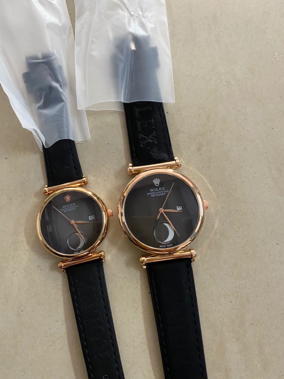 Analog Perpetual Black Leather Watch For Couple Rlx-Cpl-747 Black Dial Gold Case Best Gift Watch Ever