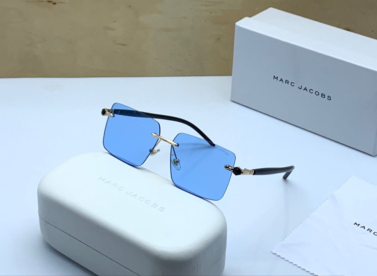 Latest Design Heavy Material Sky Blue Square Rimless lens And Black Stick Sunglass With Black Stick For Men's And Women's OR Girls MJ-903s_Best Stylist Sunglass