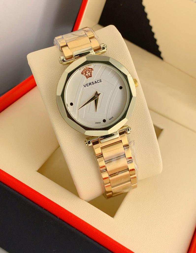 Branded Golden Color Strap New Stylish Women's Watch For Women And Girls White Dial Stainless Steel Watch VER-4689