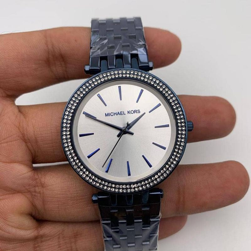 Branded Silver Dial Women's Watch With Blue Color Strap Watch And Diamond Case For Women's or Girl MK-8824 Analog Dial Women's Or Girls watch