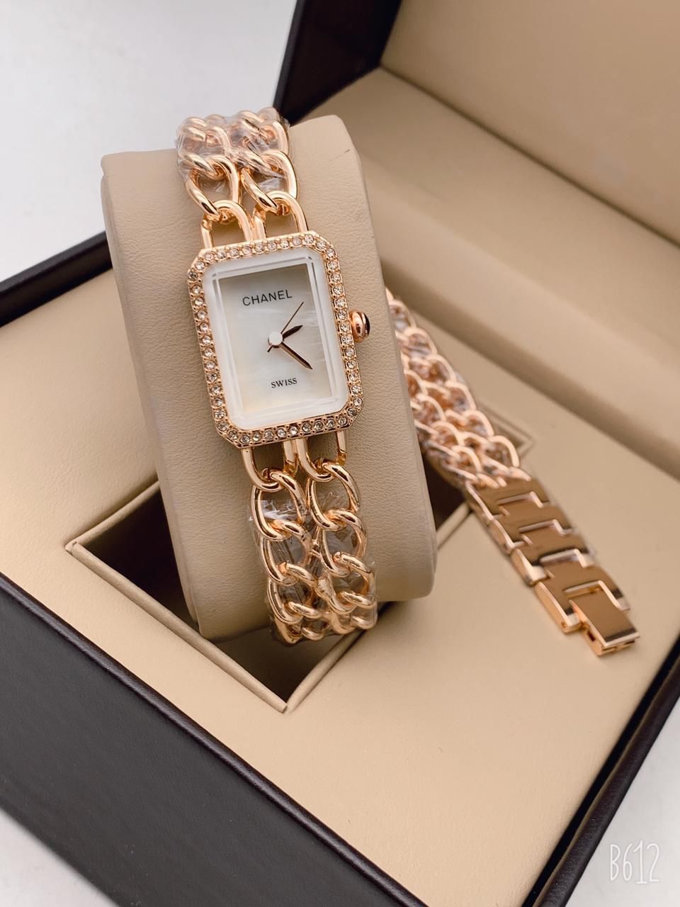 Rose Gold Color Double Chain Strap New Stylish Branded White Dial Diamond Case Watch For Women And Girls-CH-205