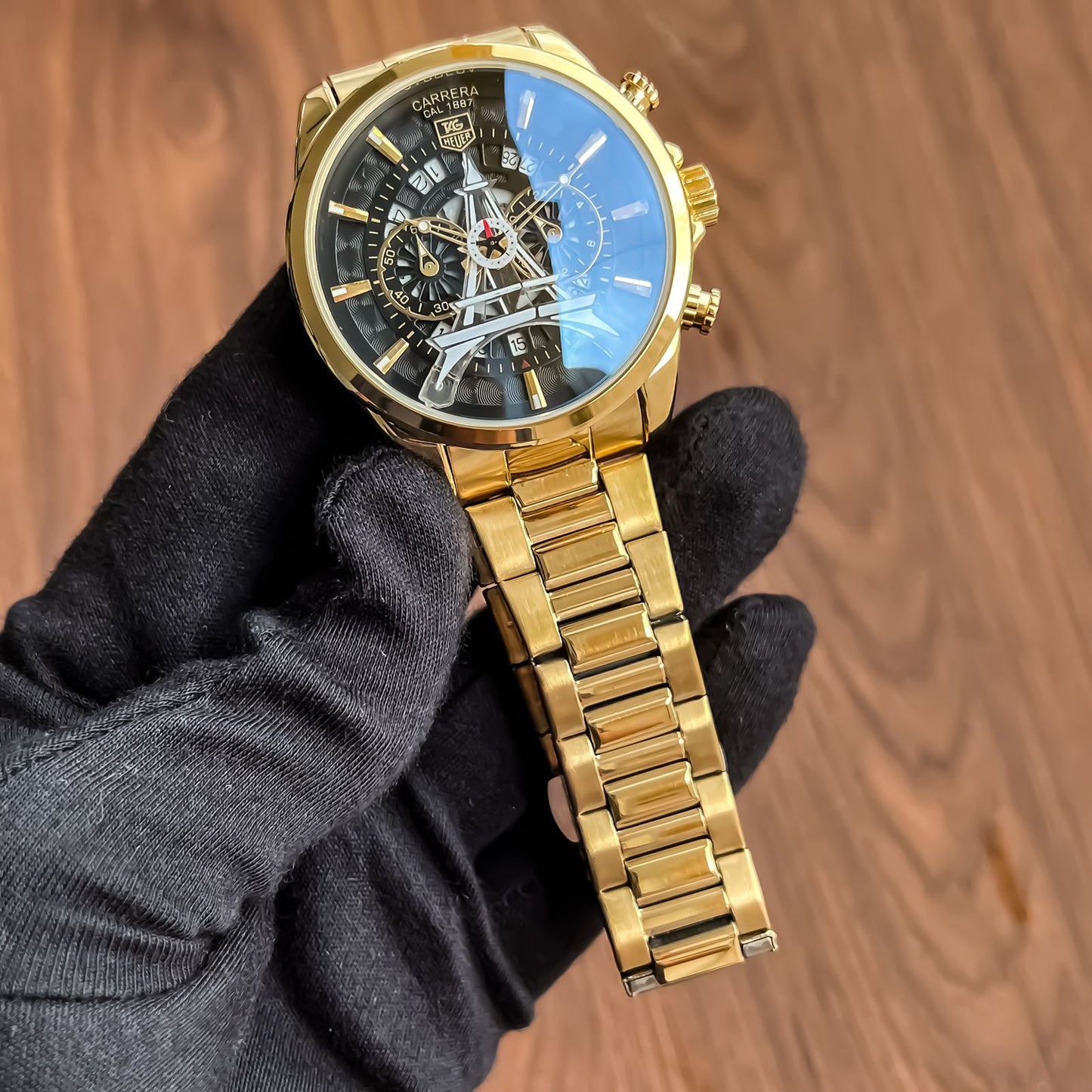 Tag Heuer CR7 Diagno Black Chronograph Multi Dial Stainless Steel Gold Color Mens TAG-Heuer Tag-IT-03 Watch for Man - Gift
