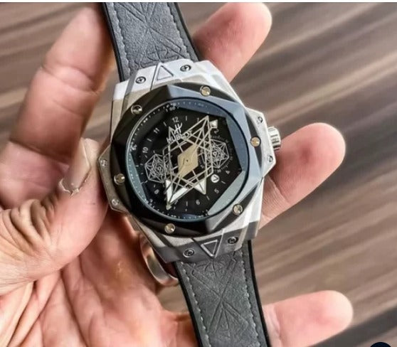 Hublot Latest Collection II All Black Chronograph Watch With Black Analog Mens Watch Black & Silver Case Black Dial With Leather Belt Watch For Man HB-BB-6689