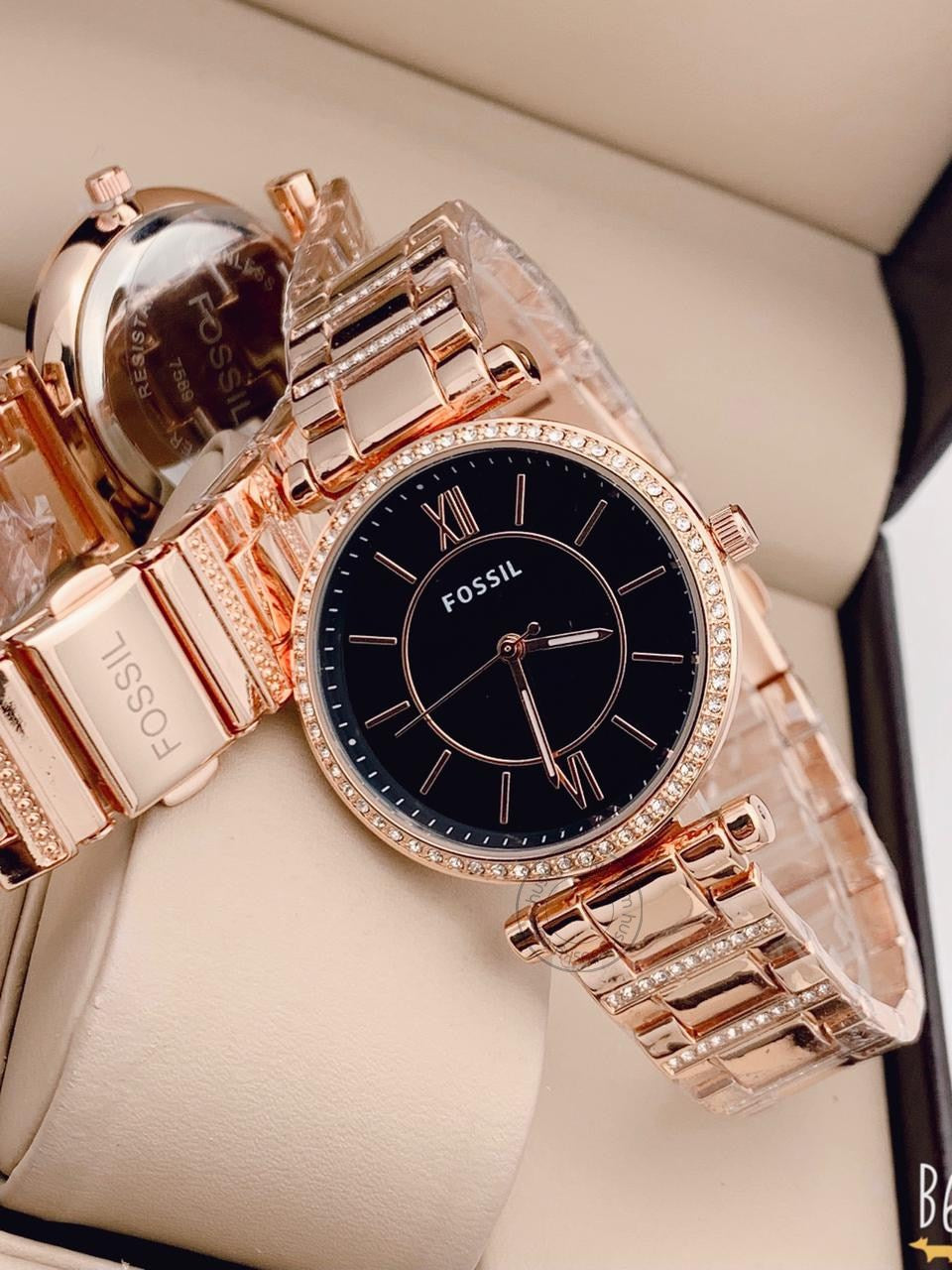 Fossil watch black and rose gold best sale