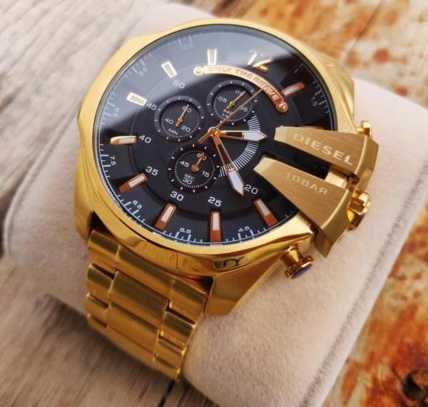 Diesel Mega Chief Chronograph Full Gold Black Dial Men's Watch for