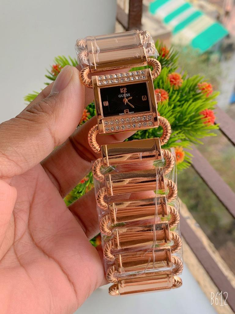Analog Women's Watch GU-1009 Diamond Watch With Black Dial & Gold And Diamond Strap Color All Round Golden Watch For Women's Or Girl's - Best Gift For Women