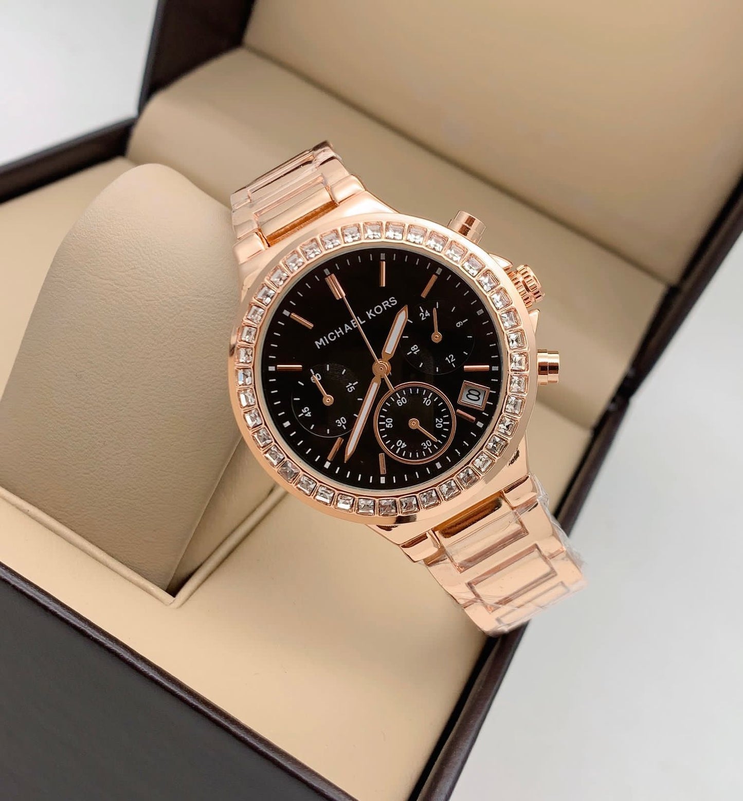 Chosmogragh Watch With Stainless Steel Case And Black Dial Dated Rose Gold Strap Watch For Women's Design For Girl Or Woman Best Gift Date Watch MK-6568