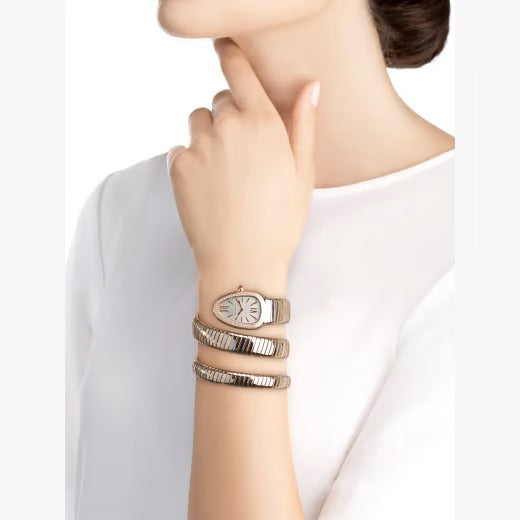 Serpenti Tubogas Analog Watch With Multicolor Color Stainless Steel Case & Strap Watch With Off White Color Opaline Dial Designer Bracelet Strap Double Spiral Watch BV-101827
