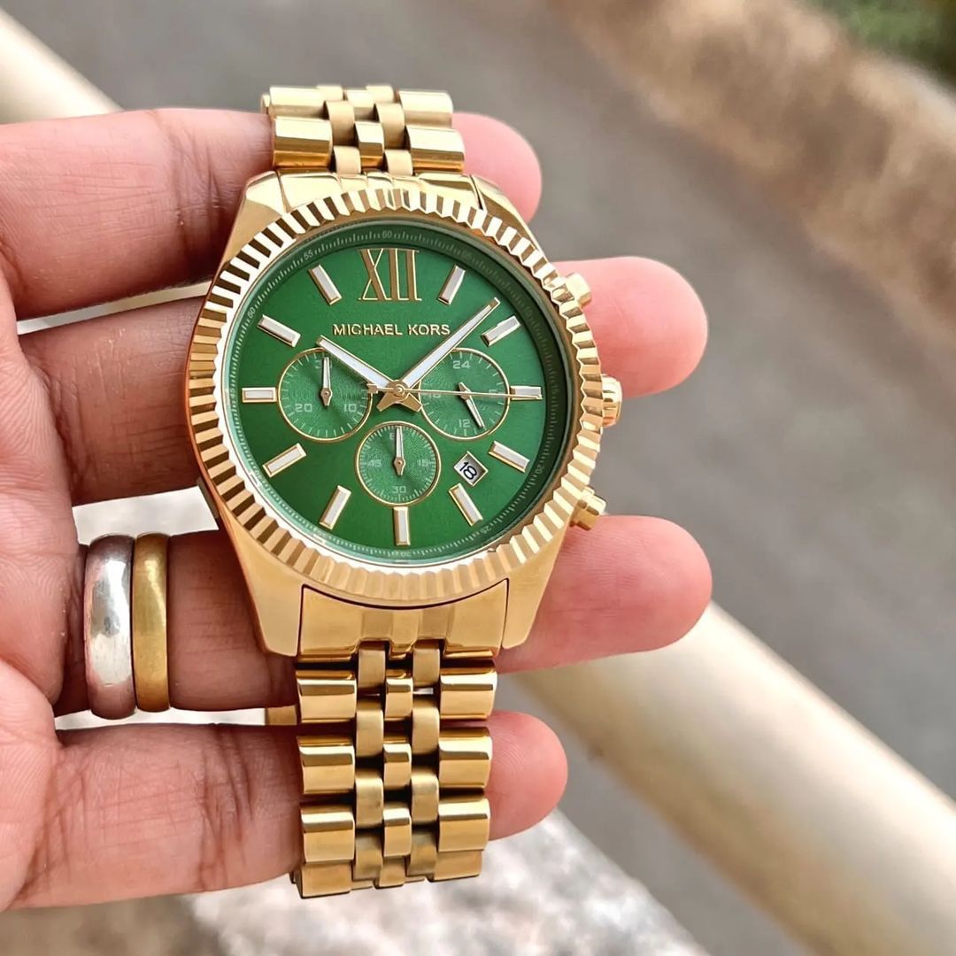 Gold Strap Gold Chronograph Mk-8446 Watch For Men's Green Dial Gold Case Dated Best Gift For Men's