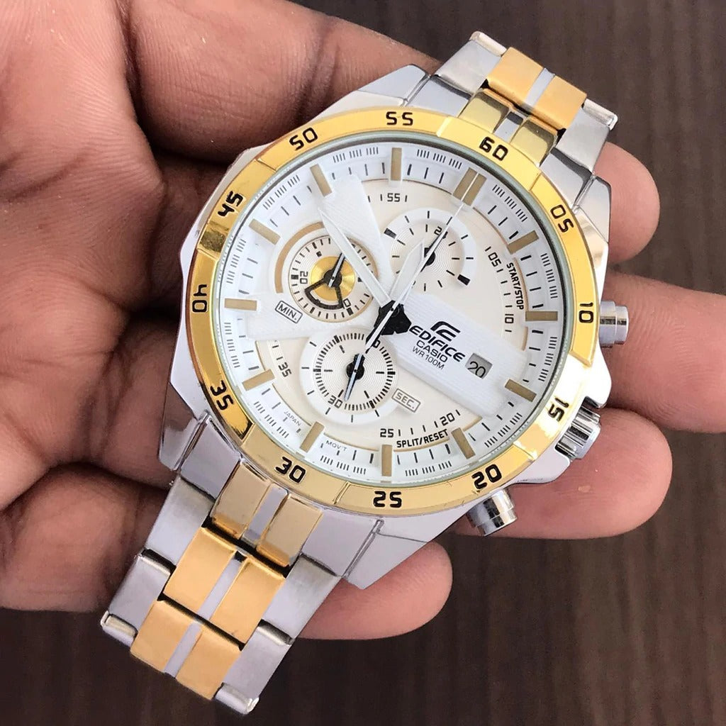 Casio Edifice Chronograph Watch With Multicolor Stainless steel Strap With Multiple Dial To World Times Men's Watch White And Gold CaseEFR-547sg-7a9 EFR-887
