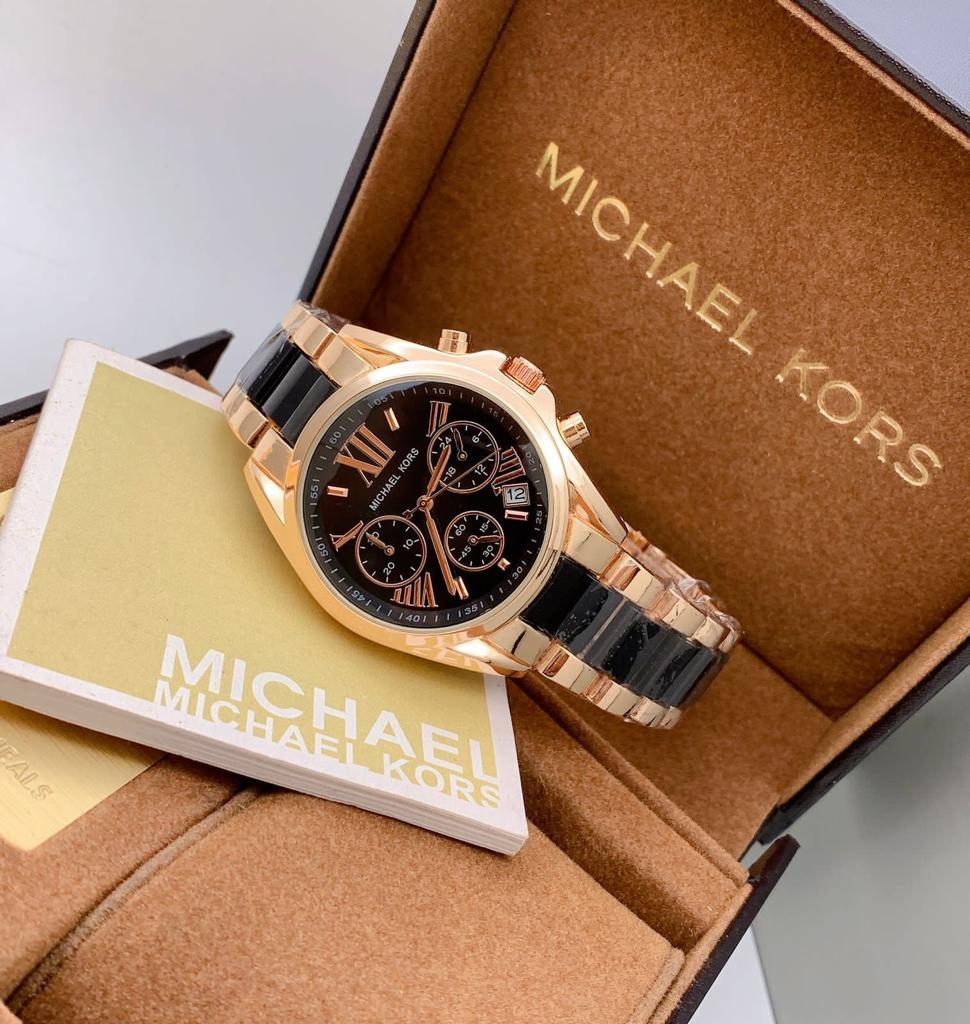 Chronograph Rose Gold And Black Strap Women's Watch for Girl or Women Black Dial MK-9263