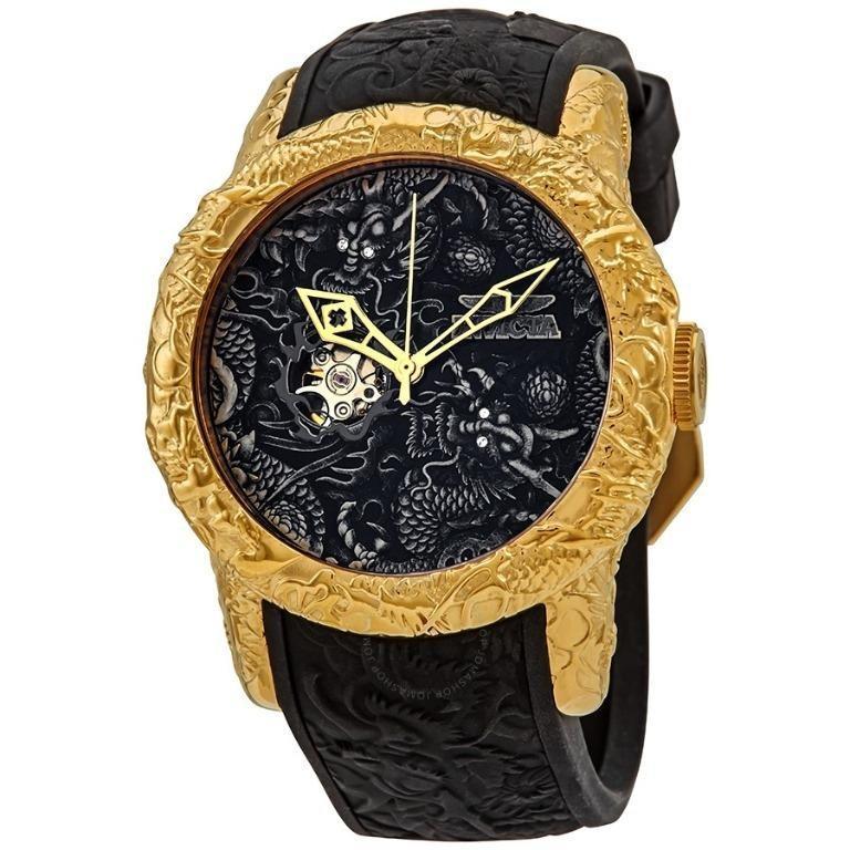 Invicta Mens S1 Rally 25082 Yakuza Black & Golden Silicon Strap Watch For Man Dragon Design Black Dial- Best Gift S1-25082