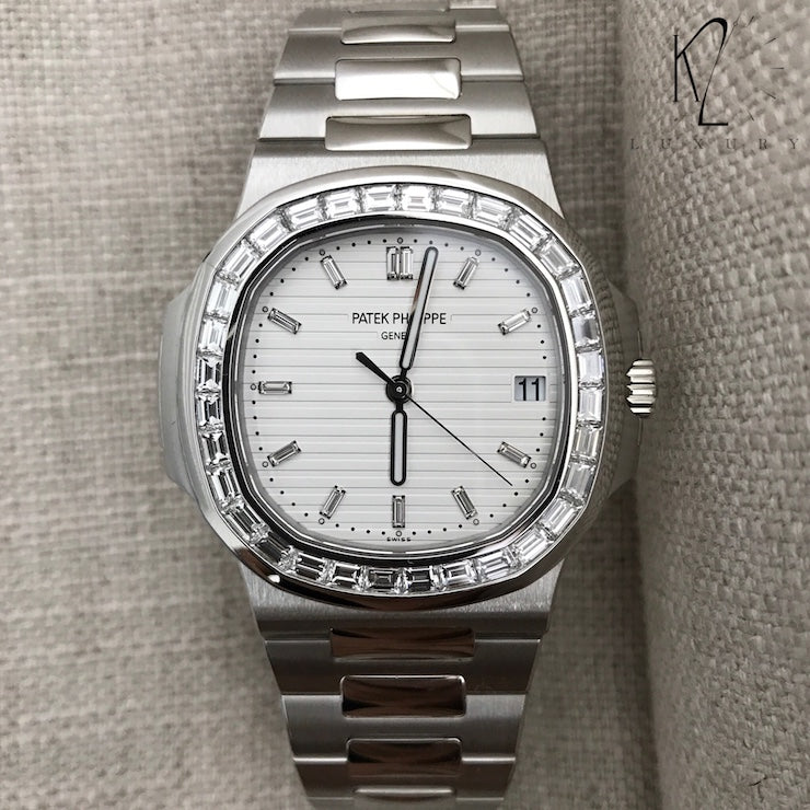 Patek Philippe Nautilus Diamond Bezel White Dial Silver Strap Mad Watch Quartz Movement Dated Watch For Men's-Best Men's Collection PK-2137