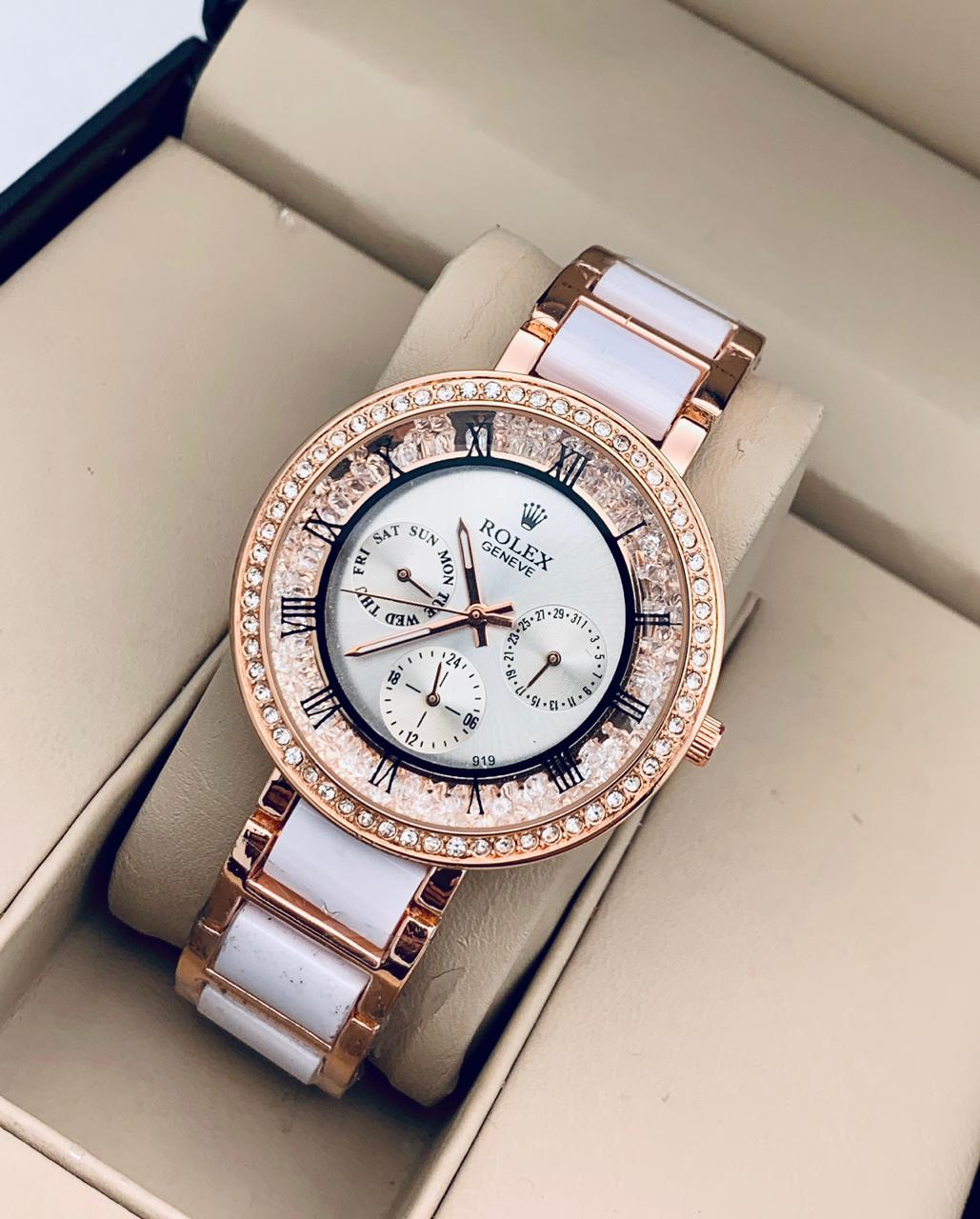 Two-Tone Strap Women's Chronograph RLX-250 Watch for Girl or Woman White Dial Diamond Case Best Gift For Women