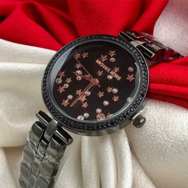 Black Metal Strap Women's Mk-3999 Watch For Girl Or Woman Black Dial Diamond Case Date Best Gift For Women