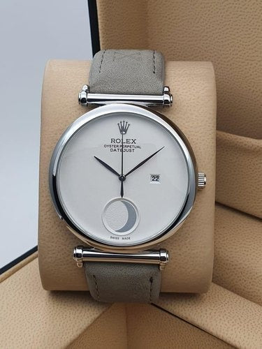 Grey Leather Watch Rlx-2-10 White Dial Silver Case Best Gift Watch For Women