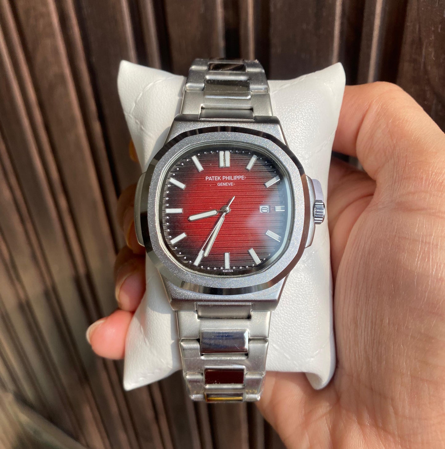 Silver Strap Maroon Red Dial Nautilus Perpetual Calendar PP-MAROON