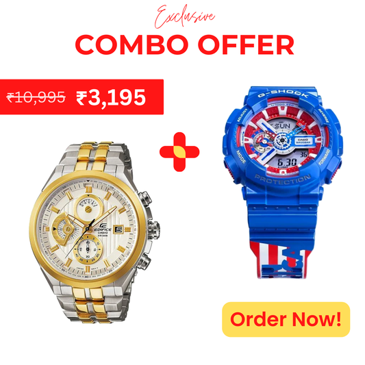 Casio Edifice Chronograph Men's Watch With Silver Gold Color & Stainless Steel Strap And Casio G-SHOCK x MARVEL AVENGERS CAPTAIN AMERICA GA-110CAPTAIN-2PR