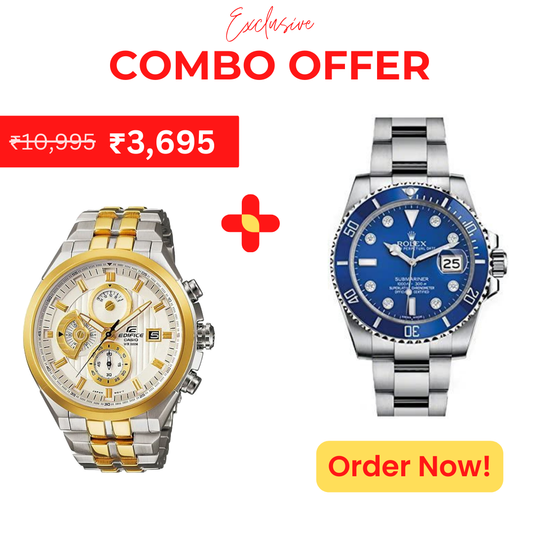 Casio Edifice Chronograph Men's Watch With Silver Gold Color & Stainless Steel Strap And Rolex Quartz Silver Strap Blue Dial Metal Men's Watch