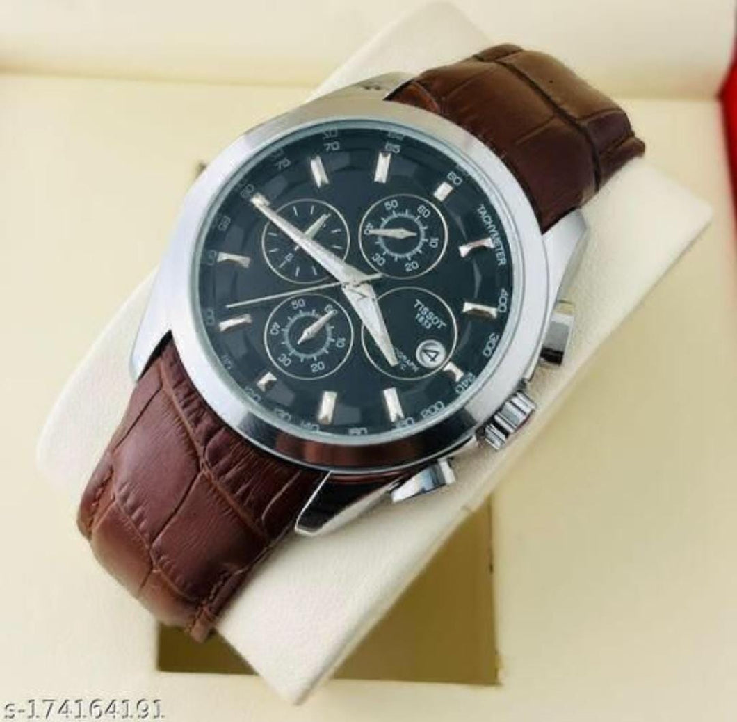 Tissot TS-3833 Chronograph Brown Leather Mens Watch for Man Black Date Display Best Gift for Man