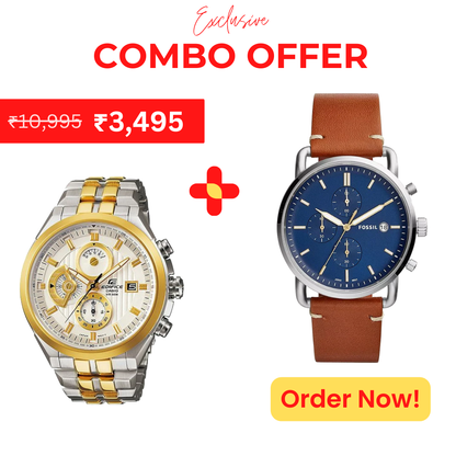 Casio Edifice Chronograph Men's Watch With Silver Gold Color & Stainless Steel Strap And Fossil Chronograph Blue Dial with Leather Strap Watch for Men FS-5401