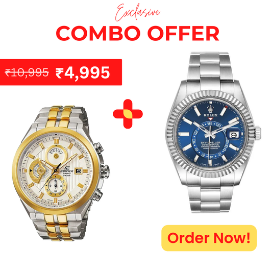 Casio Edifice Chronograph Men's Watch With Silver Gold Color & Stainless Steel Strap And Rolex Oyster Perpetual Sky-Dweller in White Rolesor With A Bright Blue Dial And An Oyster Bracelet