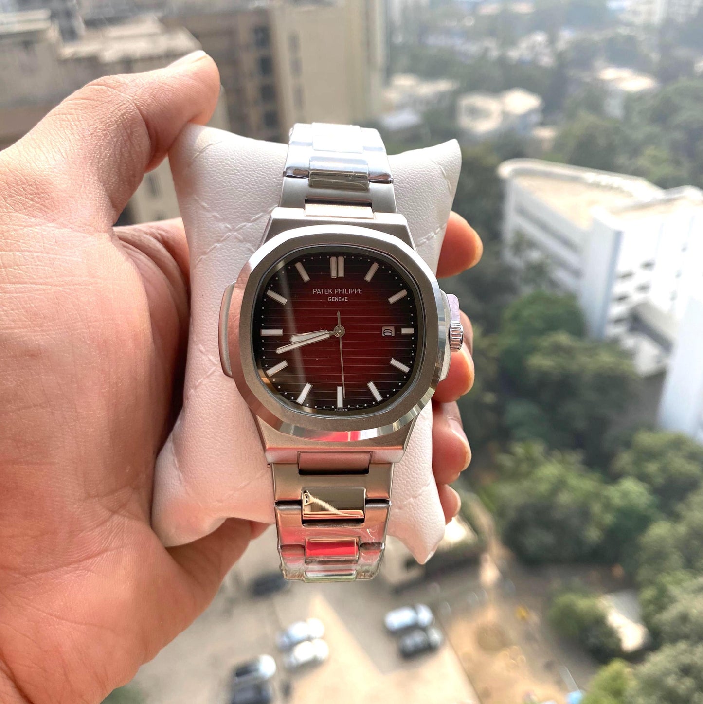 Silver Strap Maroon Red Dial Nautilus Perpetual Calendar PP-MAROON