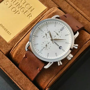 Fossil Chronograph White Dial with Brown Leather Strap Watch for Men FS-5403