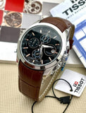 Tissot TS-3833 Chronograph Brown Leather Mens Watch for Man Black Date Display Best Gift for Man