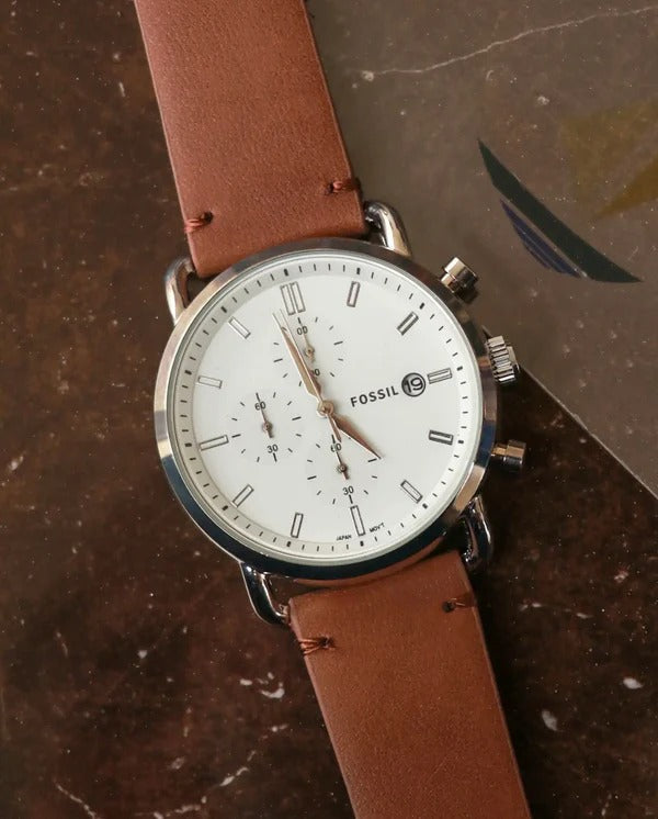 Fossil Chronograph White Dial with Brown Leather Strap Watch for Men FS-5403