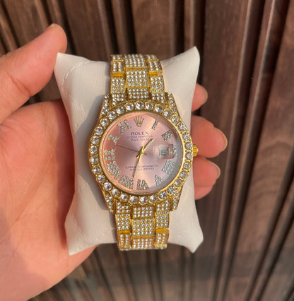 RLX Analog Diamond Set Golden Strap Pink Dial Watch Royal Stainless Steel RLX-8085