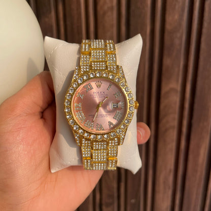 RLX Analog Diamond Set Golden Strap Pink Dial Watch Royal Stainless Steel RLX-8085