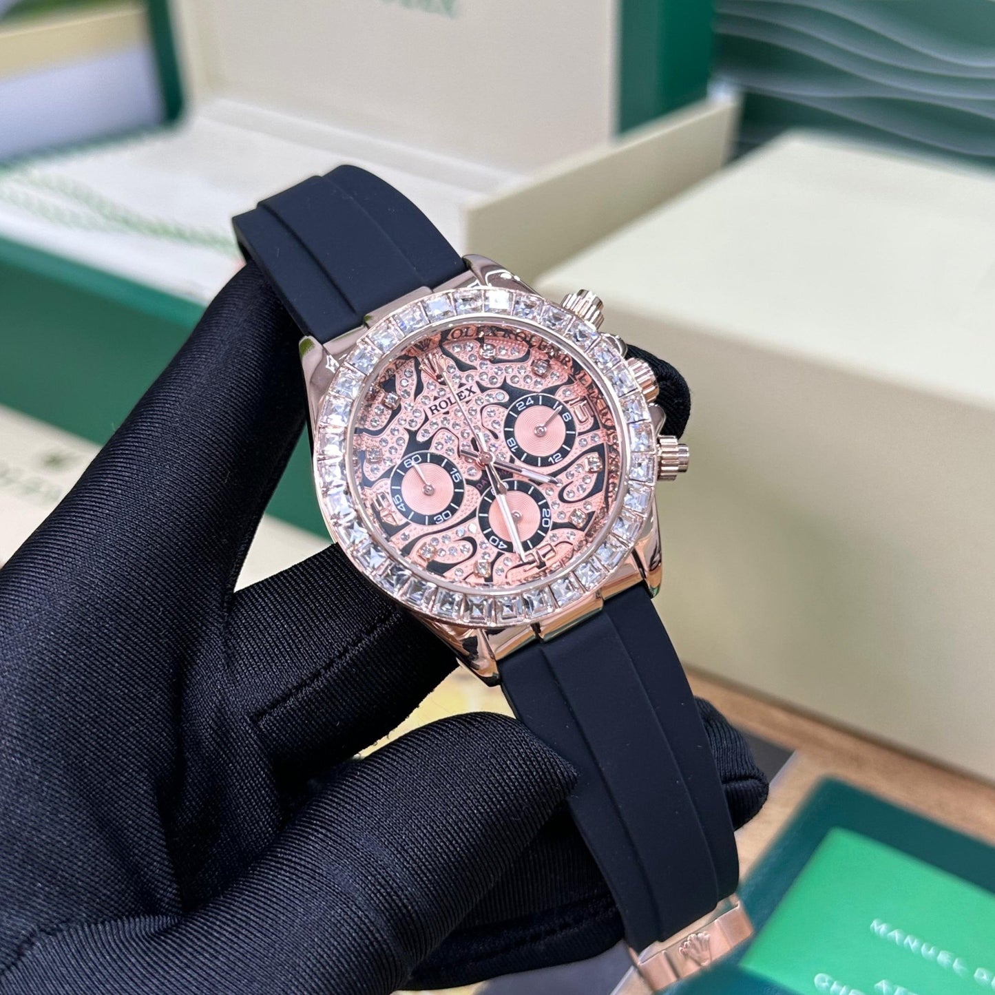 RLX Cosmograph Daytona Chronograph Quartz Chronometer Diamond Men's Watch In Rose Gold Color Case And Designer Dial- EYE OF THE TIGER TIGER-R-1166