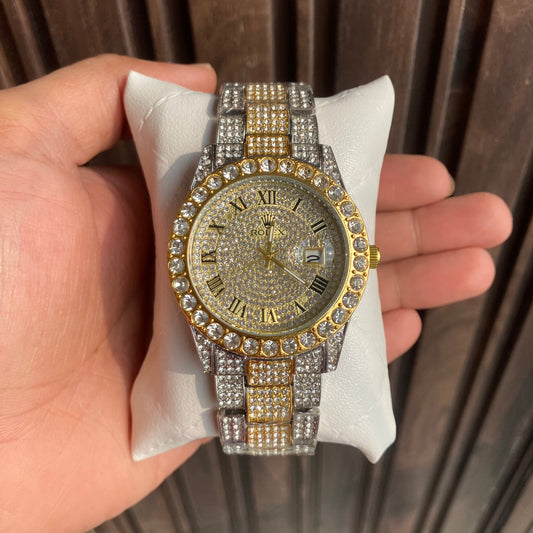 Analog Diamond Set Silver And Golden Strap Watch Golden Dial Royal Stainless Steel RLX-8086