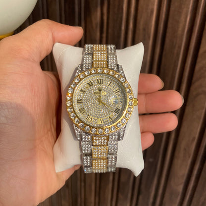 Stylish Watch With Analog Diamond Set Silver And Golden Strap & Golden Color Dial Royal Stainless Steel