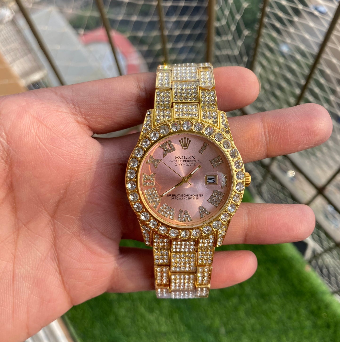 RLX Analog Diamond Set Golden Strap Pink Dial Watch Royal Stainless Steel RLX-8085