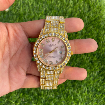 RLX Analog Diamond Set Golden Strap Pink Dial Watch Royal Stainless Steel RLX-8085