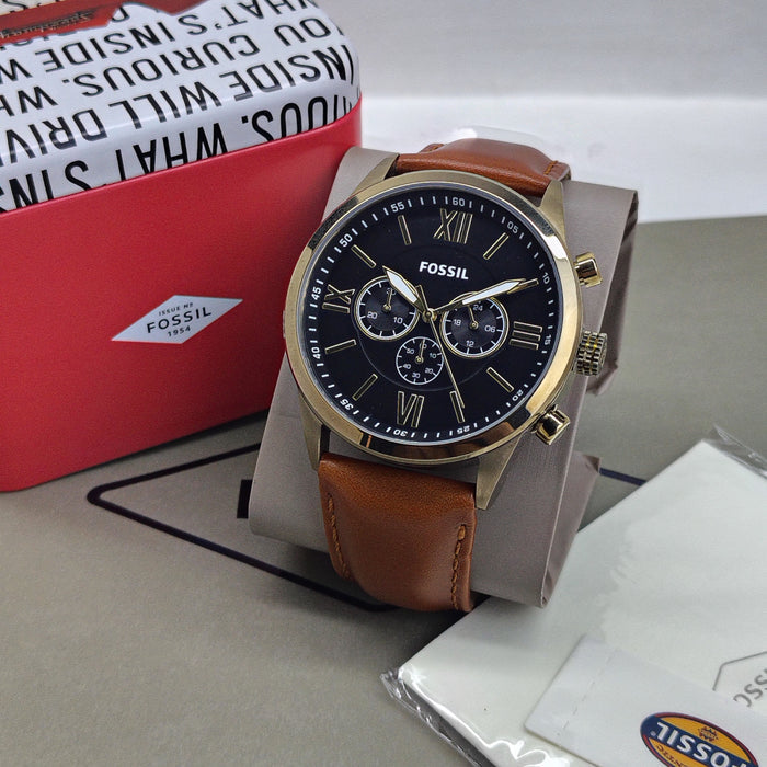 Fossil Chronograph Black Dial Brown Leather Belt Men's Watch - FS-4823