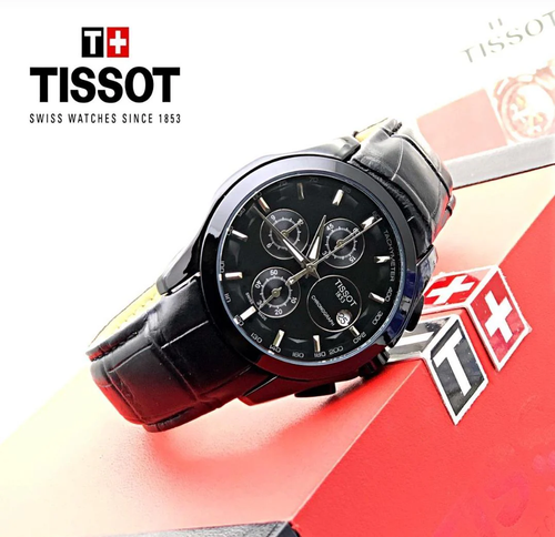 Tissot Chronograph Black Leather Men's Watch for Man Black Dial Case TS-4033BB