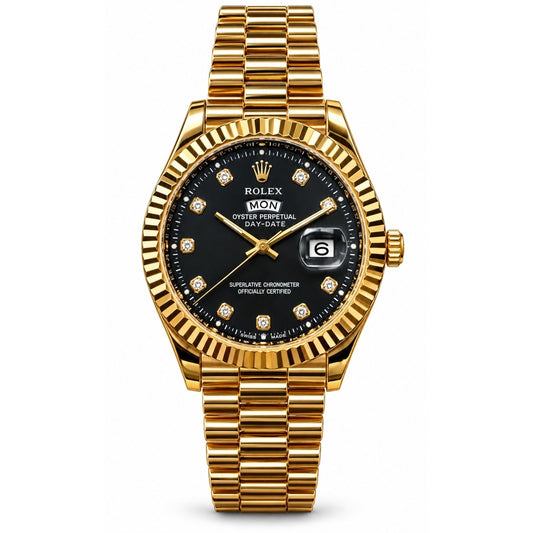 Role_x Day-Date Gold-Toned Black Dial Watch with Diamond-style hour markers-RLX-2544