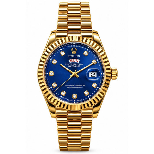 Rlx Day-Date Gold-Toned Blue Dial Watch with Diamond-style hour markers-RLX-2546