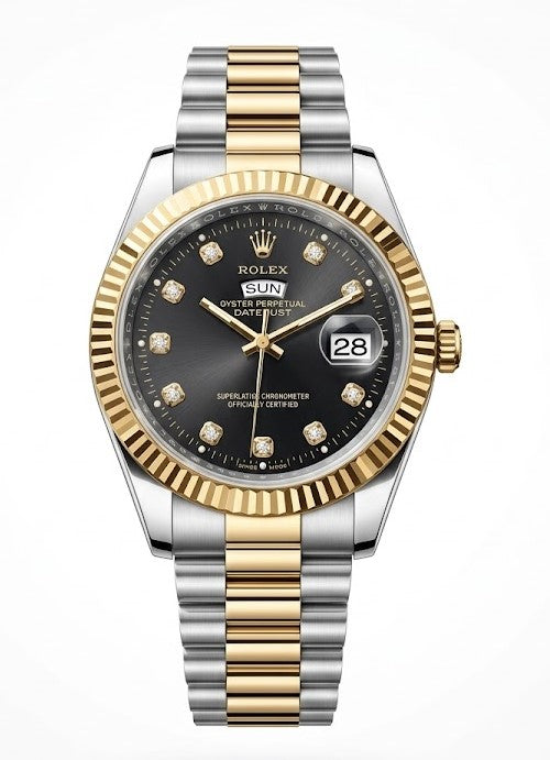 Role_x Day-Date Multi-Toned Black Dial Watch with Diamond-style hour markers-RLX-2549