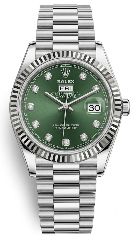 Role_x Day-Date Silver-Toned Green Dial Quartz Watch with Diamond-style hour markers-RLX-2550