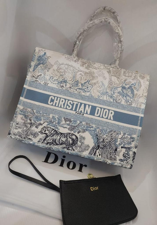 Christian Canvas Embroidered Large Dioriviera Toile De Jouy Book Tote Sky Blue Hand Bag For Women Sauvage Embroidery Medium Bag For Women's Or Girls Bag - Best Casual Use Bag DR-7398-WBG