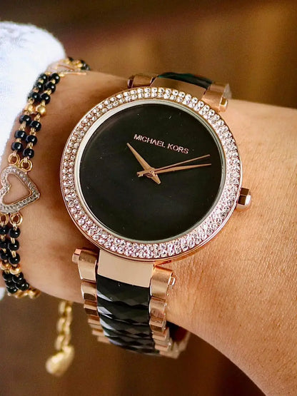 Michael Kors Parker Two-Tone Strap Chronograph Women's Watch Black Dial Diamond Case MK-0128