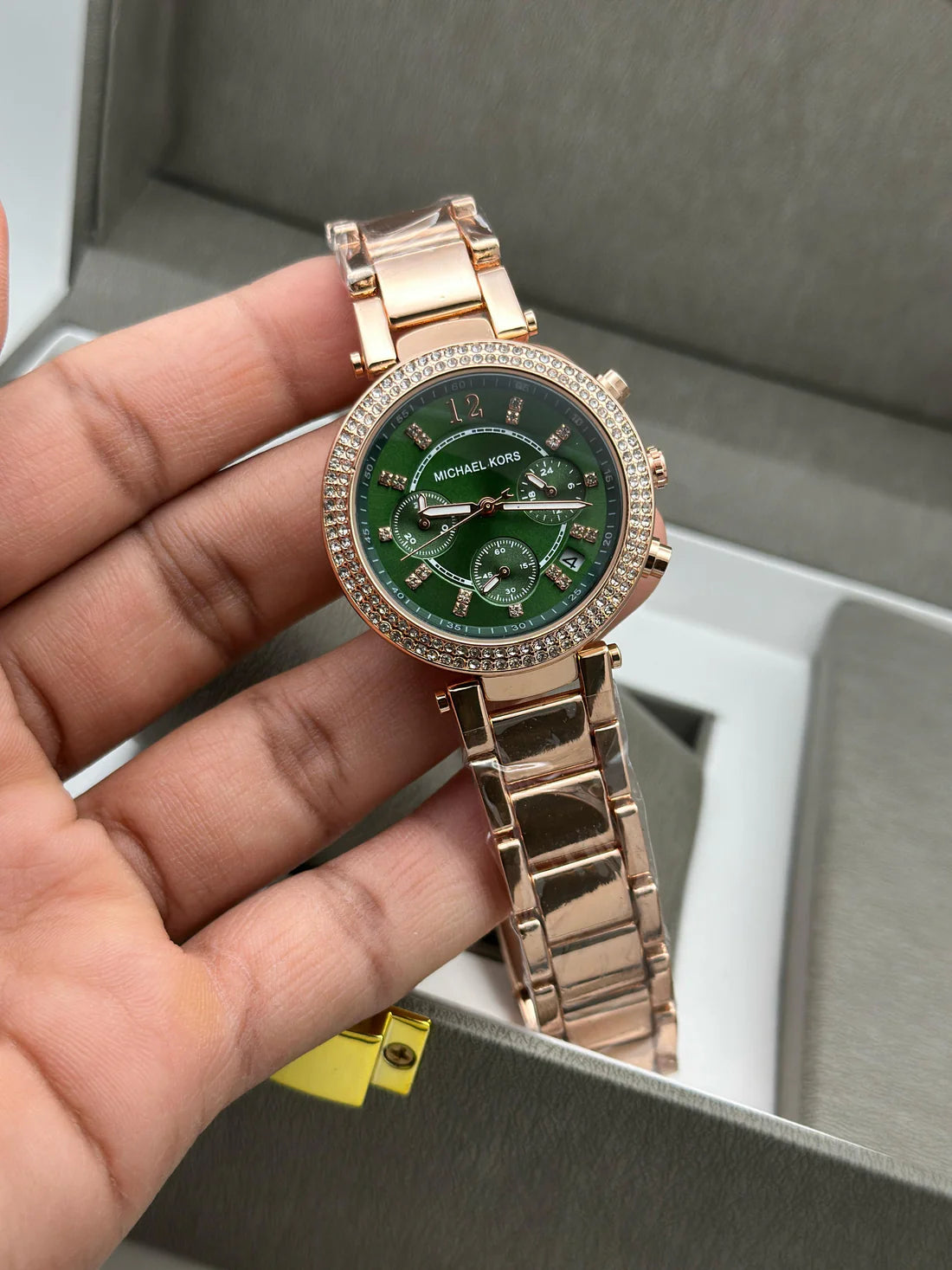 Michael Kors Two-Tone Strap Chronograph Women's Watch Green Dial Diamond Case MK-0127
