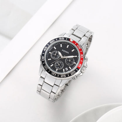 Fossil Analog Dual-Color Black Red Dial & Silver Strap Men's Watch FS-2543