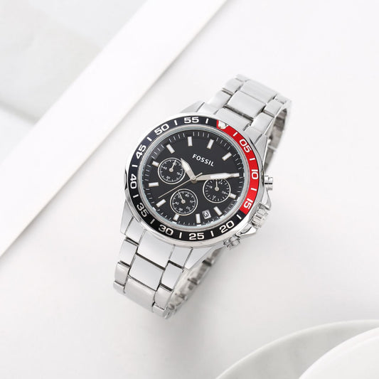 Fossil Analog Dual-Color Black Red Dial & Silver Strap Men's Watch FS-2543