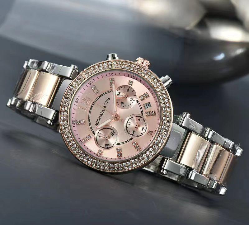 Michael Kors Two-Tone Strap Chronograph Women's Watch RoseGold Dial Diamond Case MK-0124